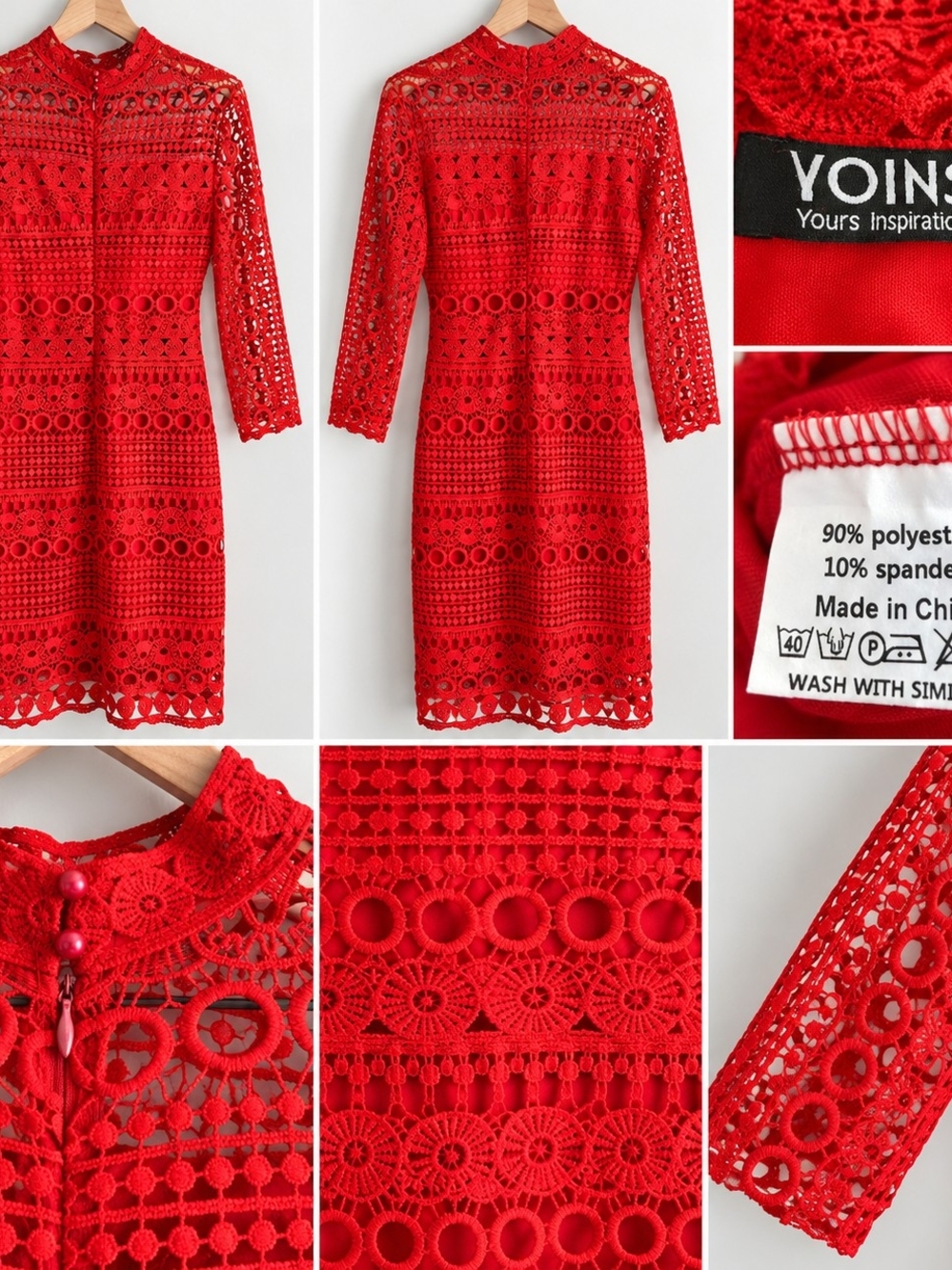 YOINS Red Crochet Lace Long Sleeve Sheath Dress